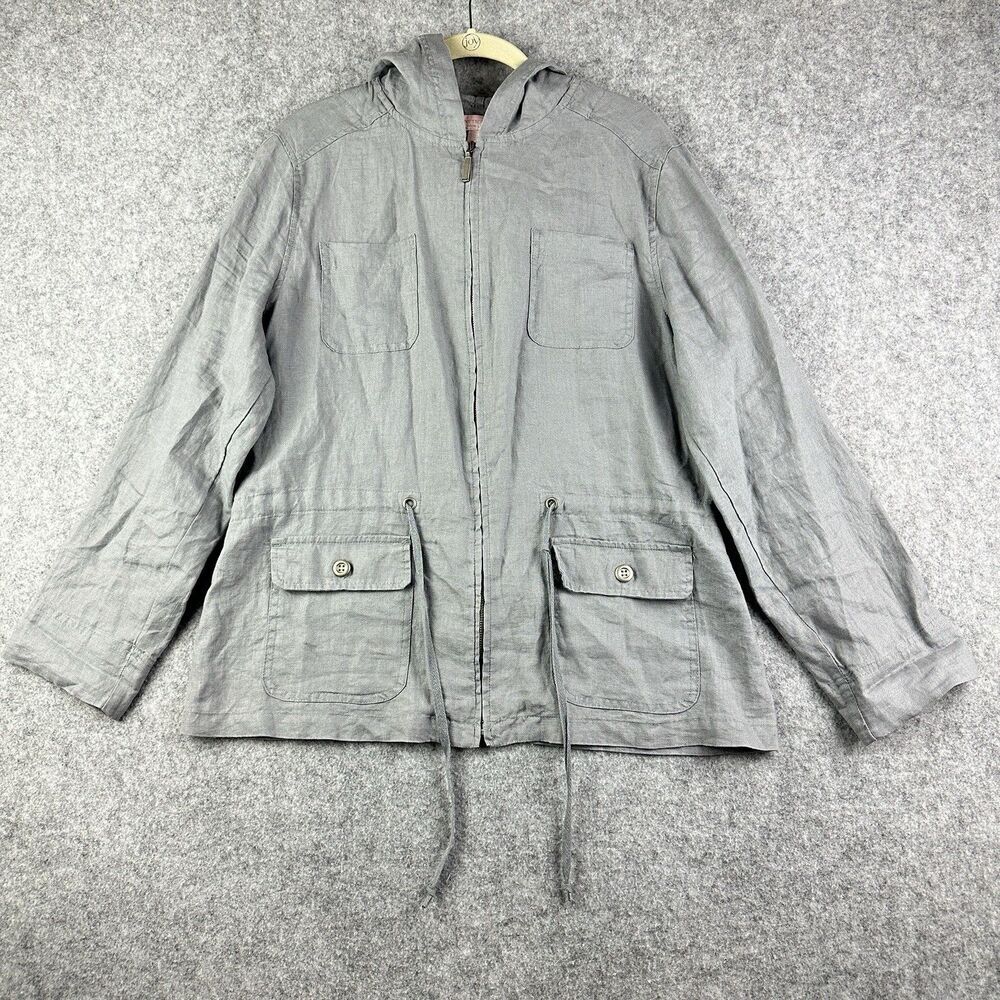 Saint Tropez West Linen Jacket Womens L Gray Hooded  Full Zip Pockets Coastal